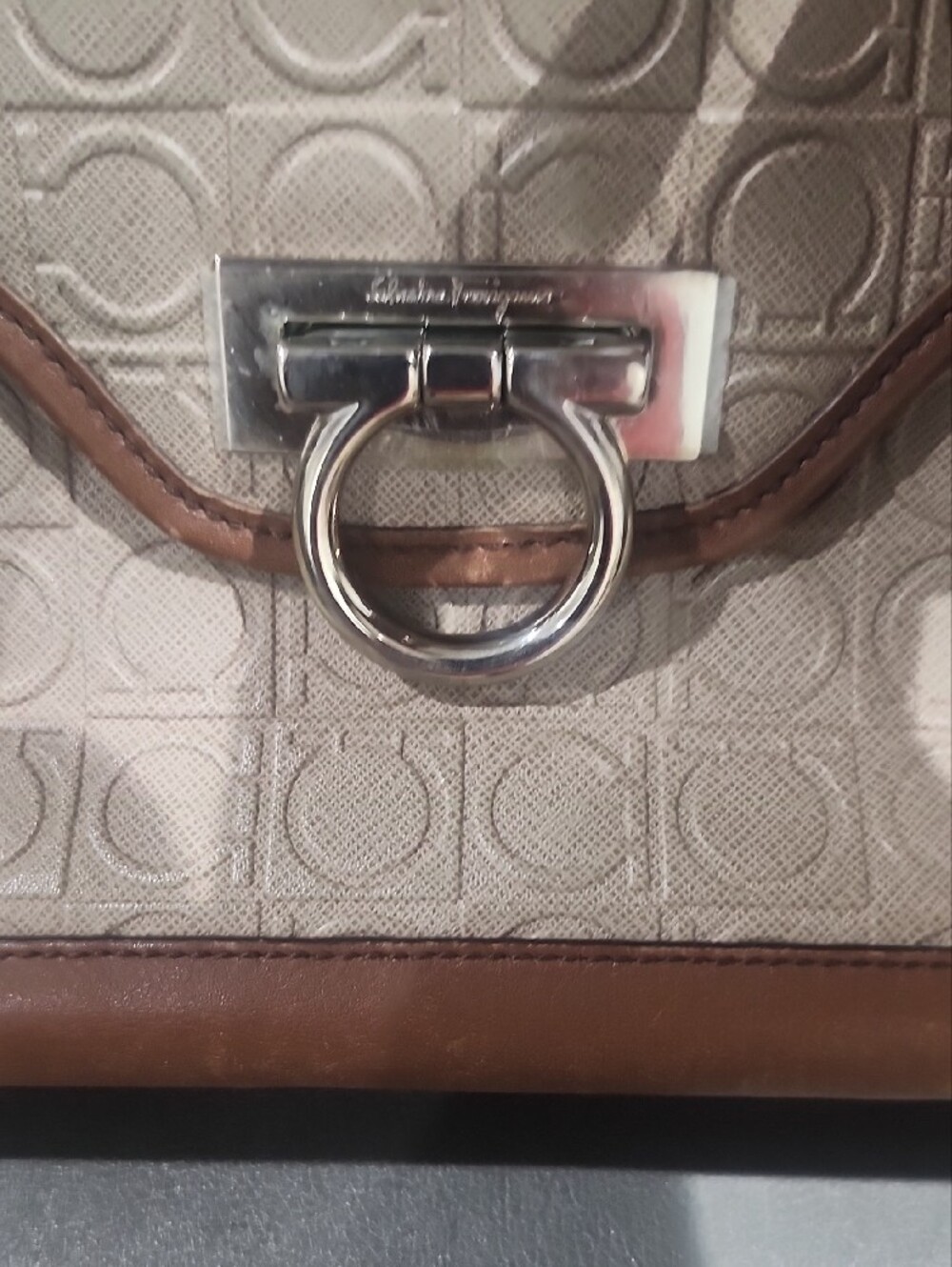 Salvatore Ferragamo Beige Monogram Satchel with Brown Leather Trim - Picture 2 of 10